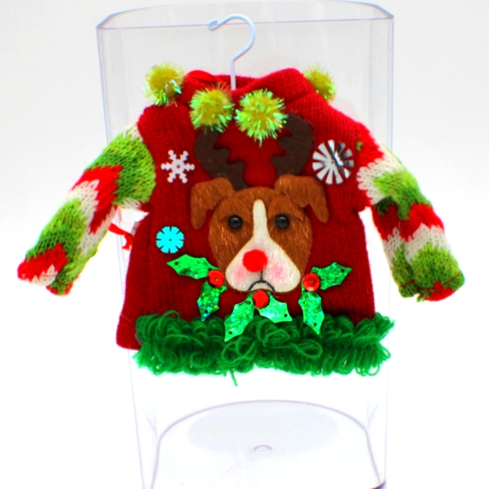 New with Tags Holiday Lane Knit Sweater Pitbull Terrier With Antlers Ornament